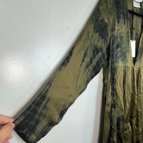FARA RUNE MINI DRESS OLIVE TIE DYE Satin Size SM Long Sleeve Tiered Boho Beach - Picture 10 of 13